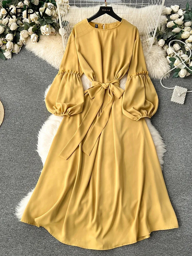 XFPV Women Vintage Sweet Mid Length High Waist A-line Dresses O-Neck Puff Sleeve Lace-up Vestidos Spring Summer 2025 SM10101 250103