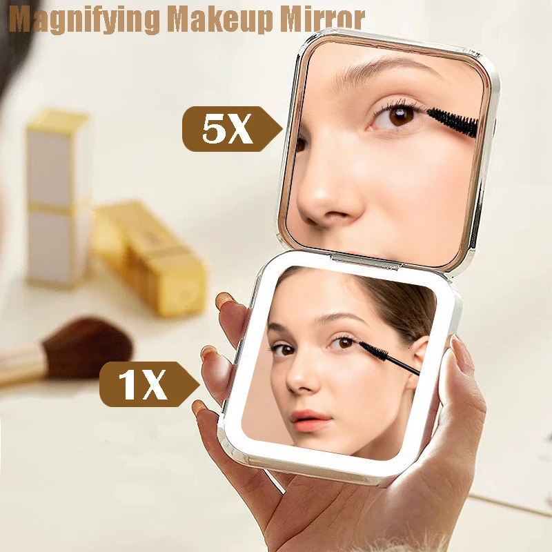 Galaxy Folding Make Up Mini Mirror with LED Light 5X Magnifying Small Pocket Portable Travel Cosmetic Mirrors with Type-C Cable 250103