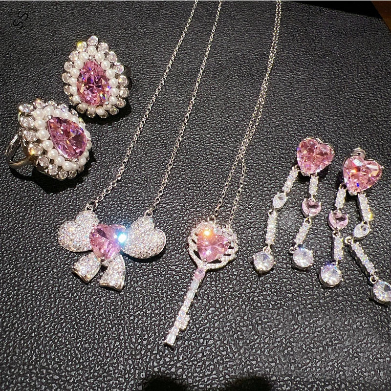 Romantic Shiny Pink Gems Zircon Jewelry Accessories Sweet Girl Necessary Sets Daily Wear Necklace Earring Open Ring for Date 250102