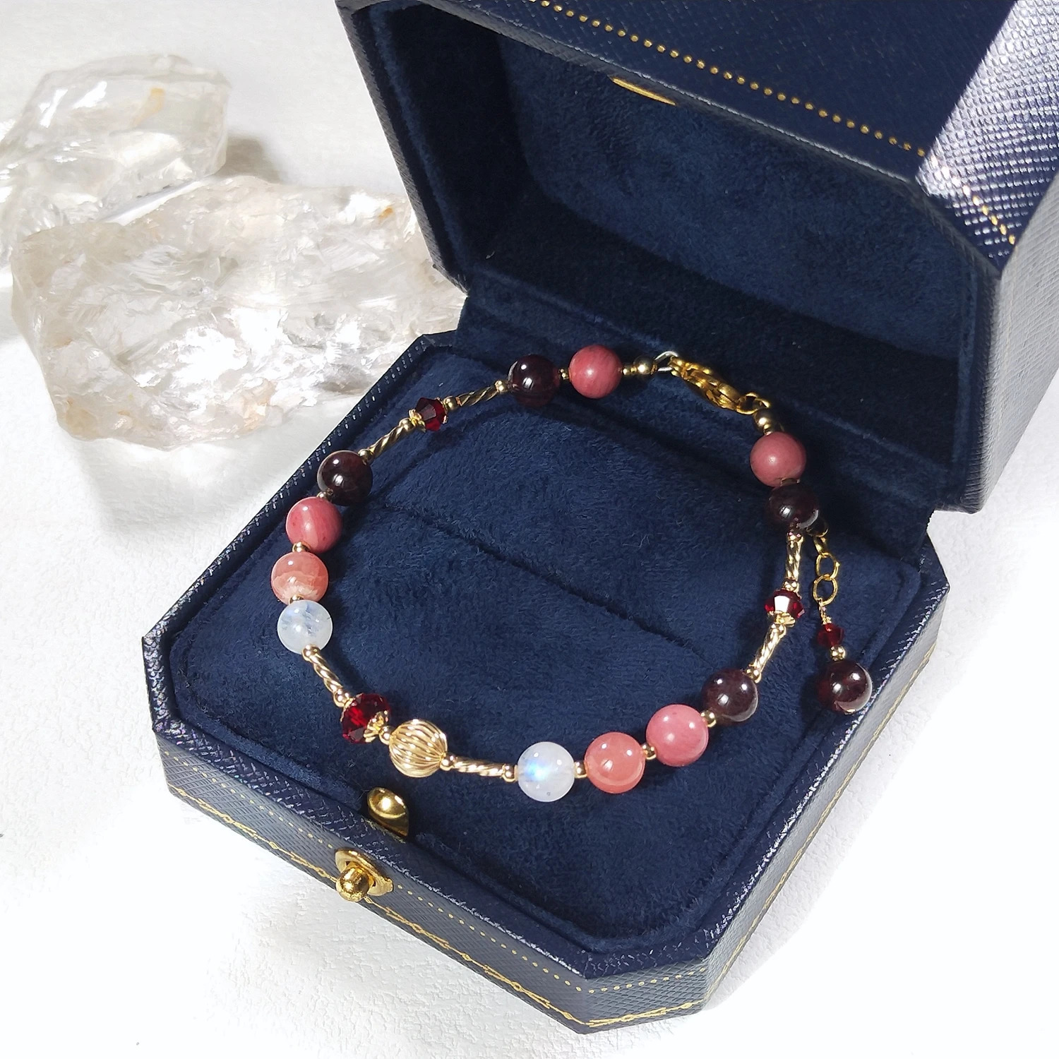 Lili Ji Natural Garnet Moonstone Rhodiola 6mm US 14K Gold Plated Charm Bracelet Handmade Fashion Jewelry 250102