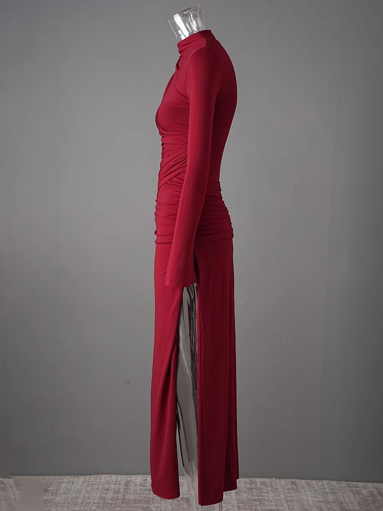 DEAT Elegant Dress Half Collar Folded Long Sleeve Solid Color Ultra Thin Womens Evening Dress 2025 Spring Style 35Z1413 250103