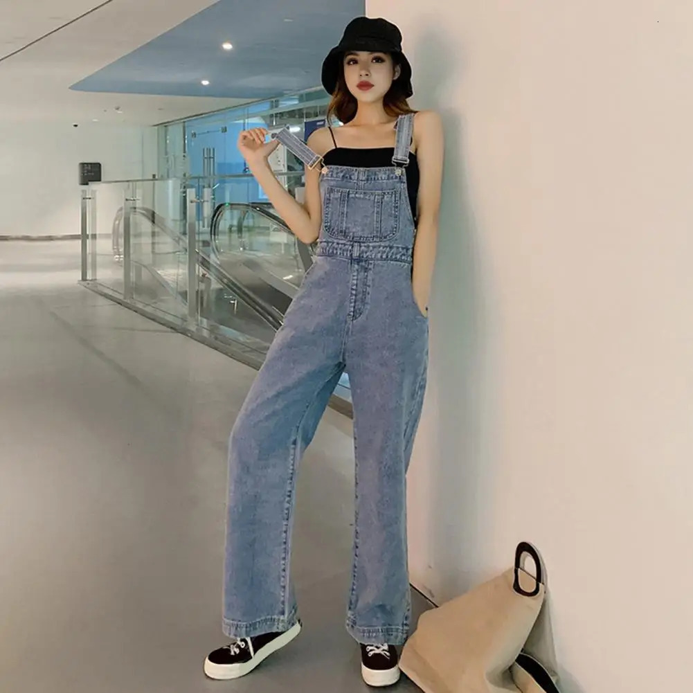 Loose Women Suspender Jumpsuit Adjsutable Strap High Waist Overalls Big Pocket Wide Leg Denim Collarless Young Style Overalls 241230