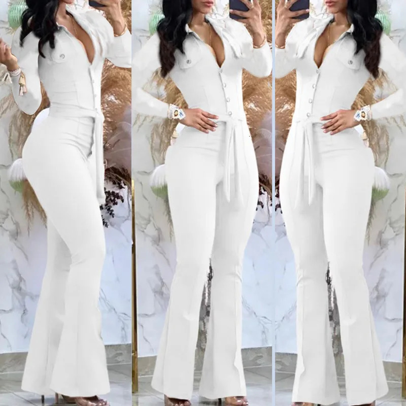 Autumn Elegant Jumpsuit For Women Button Long Sleeve Solid Belt Skinny Turn-Down Collar Long Sleeve Skinny Bootcut Jumpsuit 241230