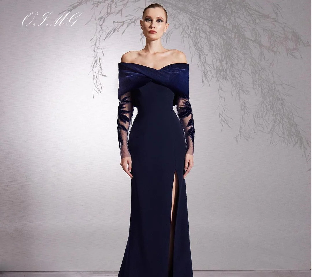 OIMG Side Seam Blue Ball Dress Saudi Arabian Womens Shoulder Custom Dress with Cape Town Occasion Formal Party Dress 250103