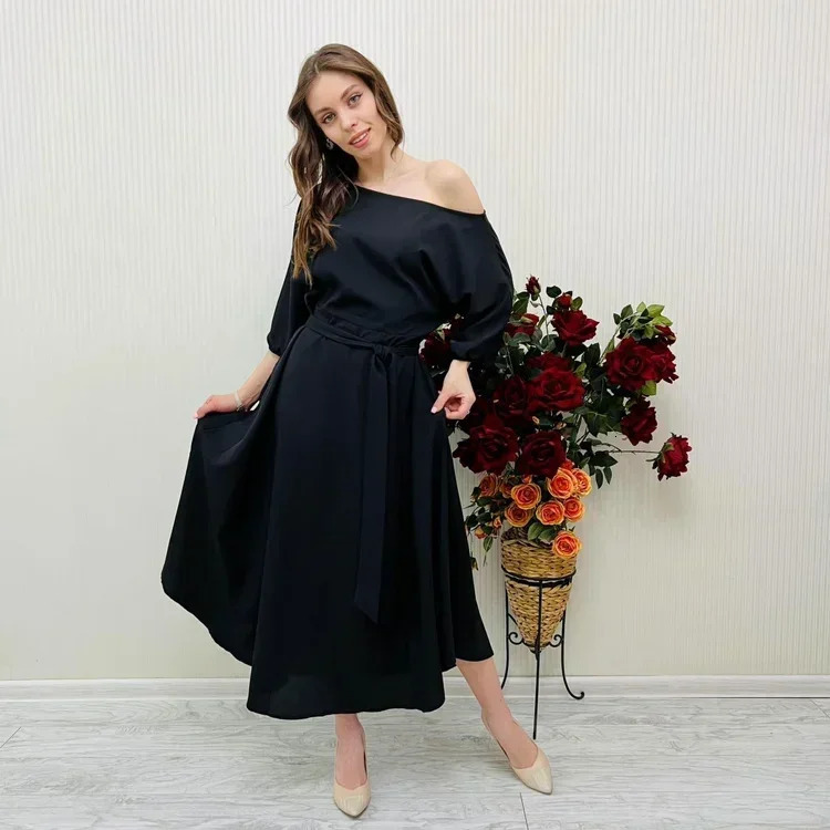 2025 Spring Elegant Womens Formal Dress Black Lace Pendant Sleeve Long Dress Party Occasion Evening Dress Women 250103