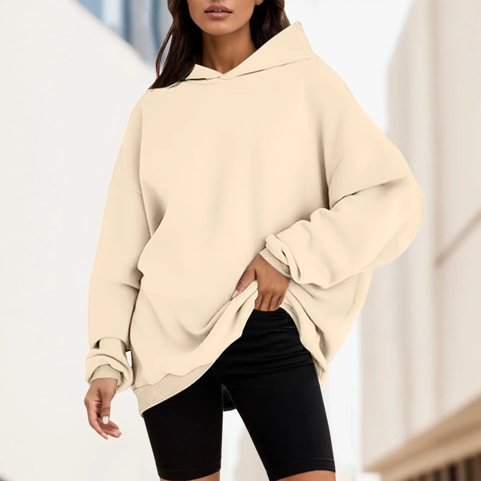 Womens Hoodies Oversized Pullover Long Sleeve Fleece Hooded Sweatshirt Solid Color Autumn Winter Casual Sweatshirts 250103