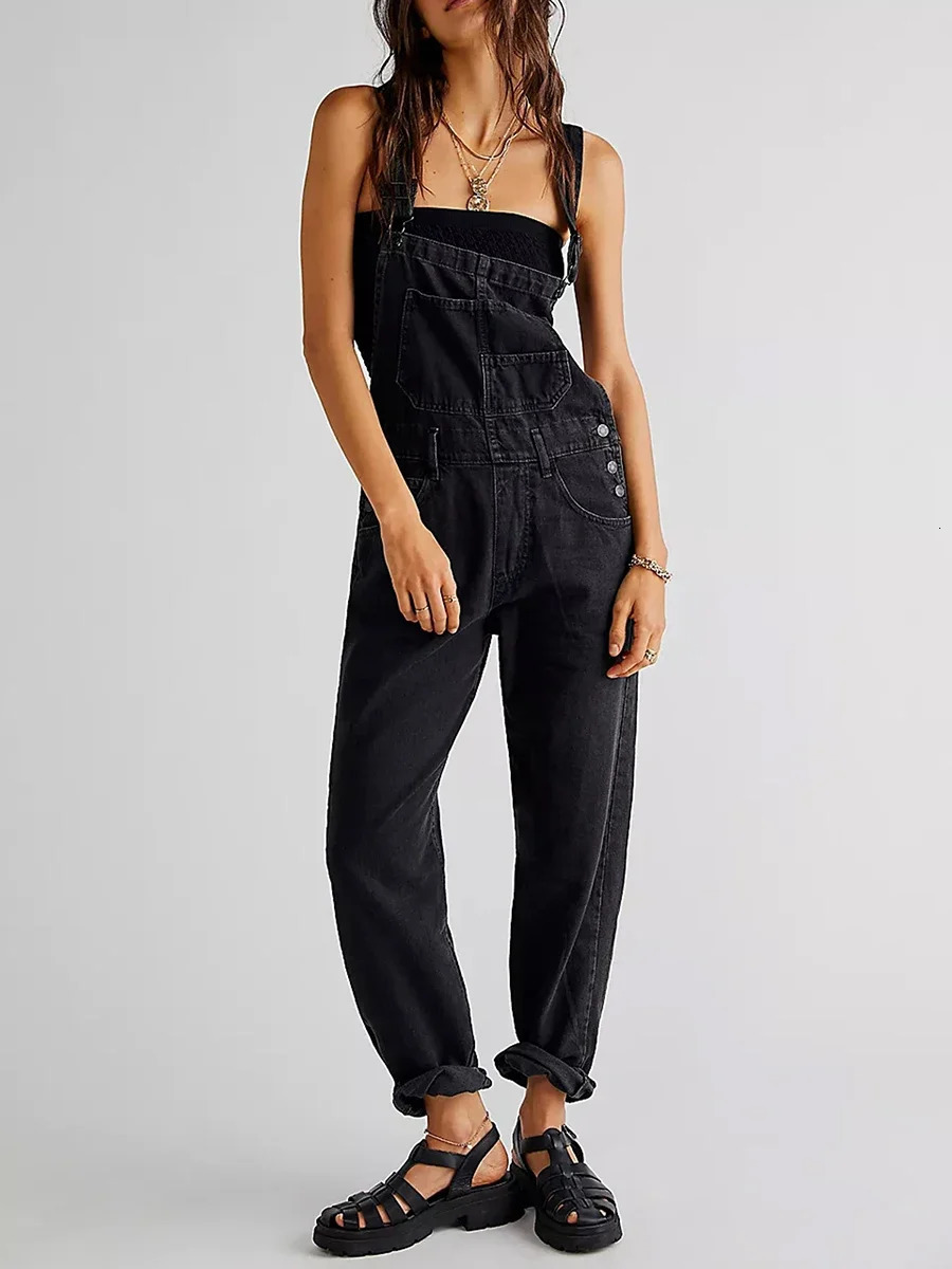 Vintage Denim Overalls for Women Spring Summer Loose Fit Classic Bib Casual Jean Stretchy Denim Overall Jumpsuits Leg Jean Pants 241230