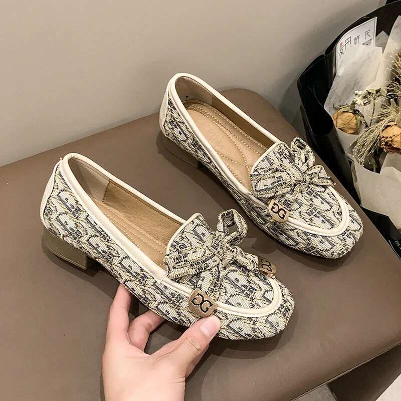 Women Bow Brand Loafers Print Random Square Heels Autumn New Fashion Ladies Casual Shoes Pumps atos Mujer