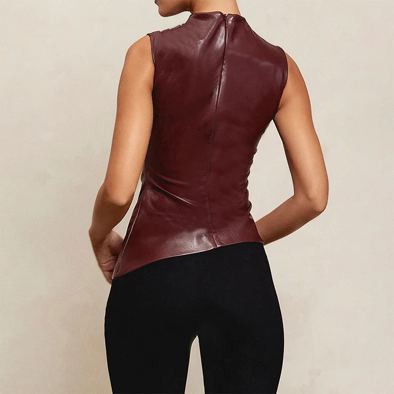 Gtpdpllt PU Leather Can Top Fashion Asymmetric Ruffle Sleeveless Shirt Winter Sexy Womens T-shirt Y2K Clothing 250103