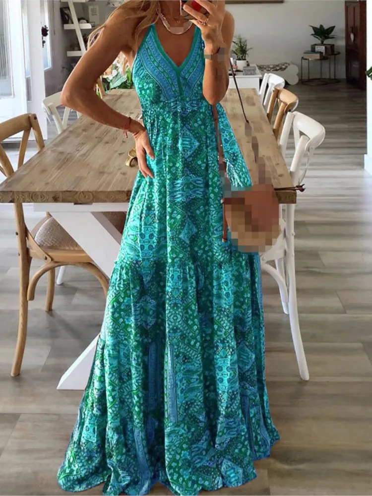 Summer womens spaghetti shoulder strap bohemian long dress elegant V-neck party retro printed sleeveless sexy long dress 250103