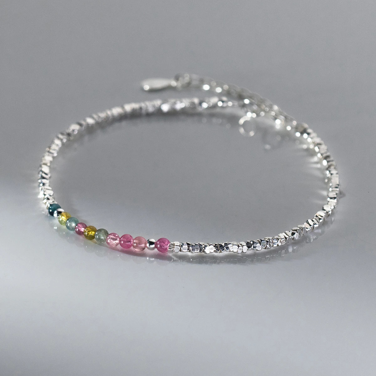 MODIAN 925 Sterling Silver Natural Colorful Beads Tourmaline Charm Bracelet Sweet Stackable Link Chain For Women Girls Jewelry 250102