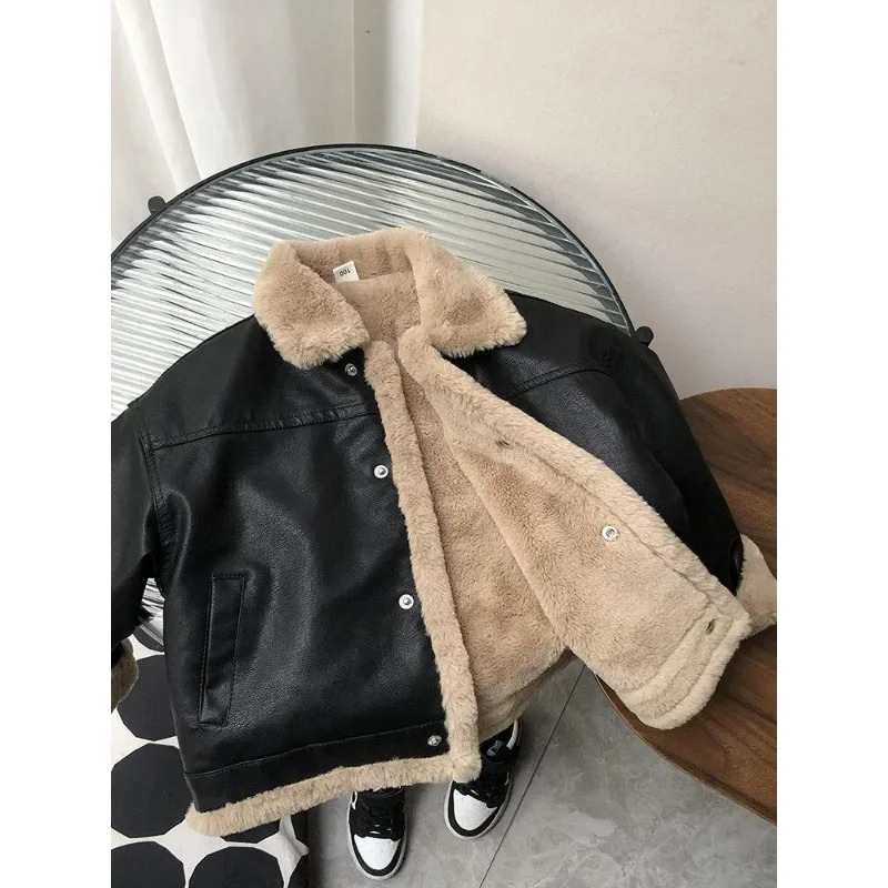 2-11Y Kids Leather Jackets Boys Girls Black Fleece Cardigan Coat Autumn Winter Warm Loose Vintage Clothes Teenagers Outerwear 241226