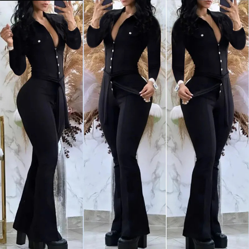 Autumn Elegant Jumpsuit For Women Button Long Sleeve Solid Belt Skinny Turn-Down Collar Long Sleeve Skinny Bootcut Jumpsuit 241230