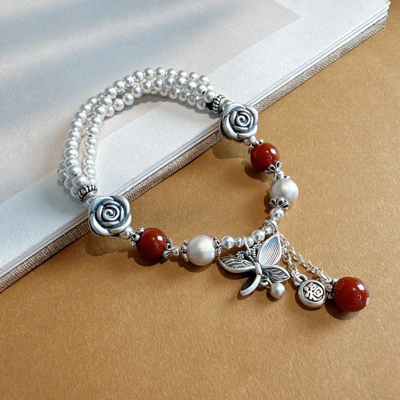 Langyan 925 sterling silver red agate butterfly rose bracelet for women vintage silver bead charm bracelet handmade 250102