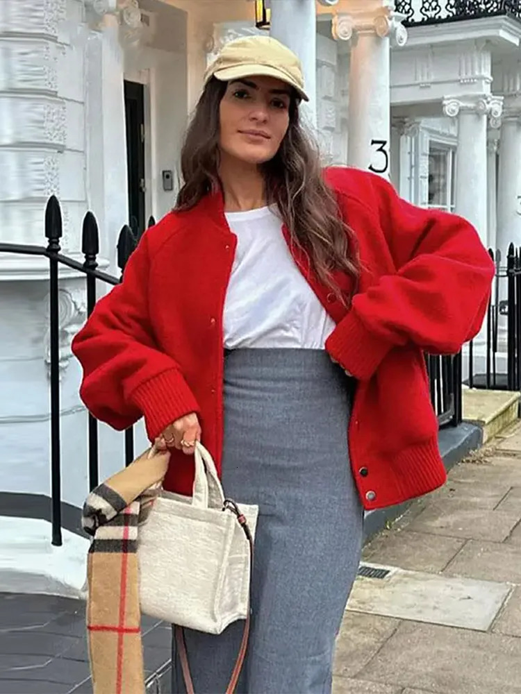 Red Loose Casual Jacket Coat Simple Metal Single Breasted French Woolen Baseball Jackets Fashion Spring Autumn Women Top 250103