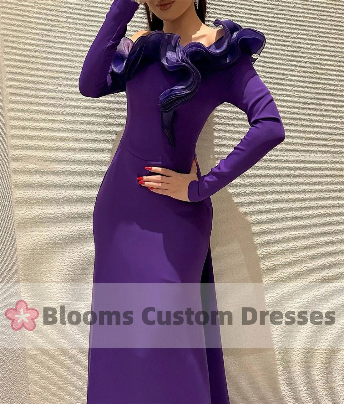Blooms Purple Shoulder Long Sleeve Customized Evening Dress Used for Special Occasion Ruffle Party Dress Post Train Ball Dress 250103