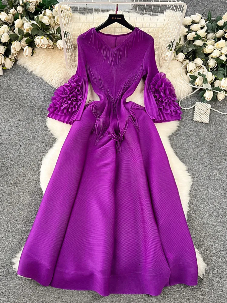 XFPV Women Tassel High Waist Mid Length A-line Dresses V-Neck Flare Sleeve Draped Slim Fit Vestidos Spring Summer 2025 SM10768 250103
