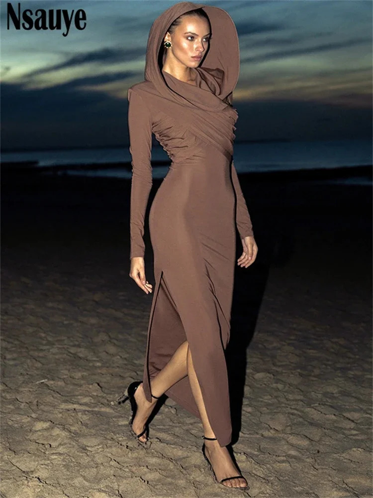 Nsauye Women Casual Basic Long Sleeve Y2K Sexy Club Hoodies Dress Maxi Winter 2024 Evening Party Elegant Fashion 250103
