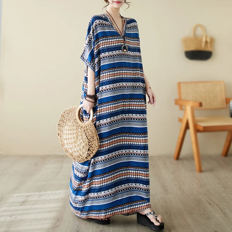 Wxw0212 striped printed long skirt womens short sleeved summer retro floor long skirt pocket loose thin beach vest retro sexy 250103