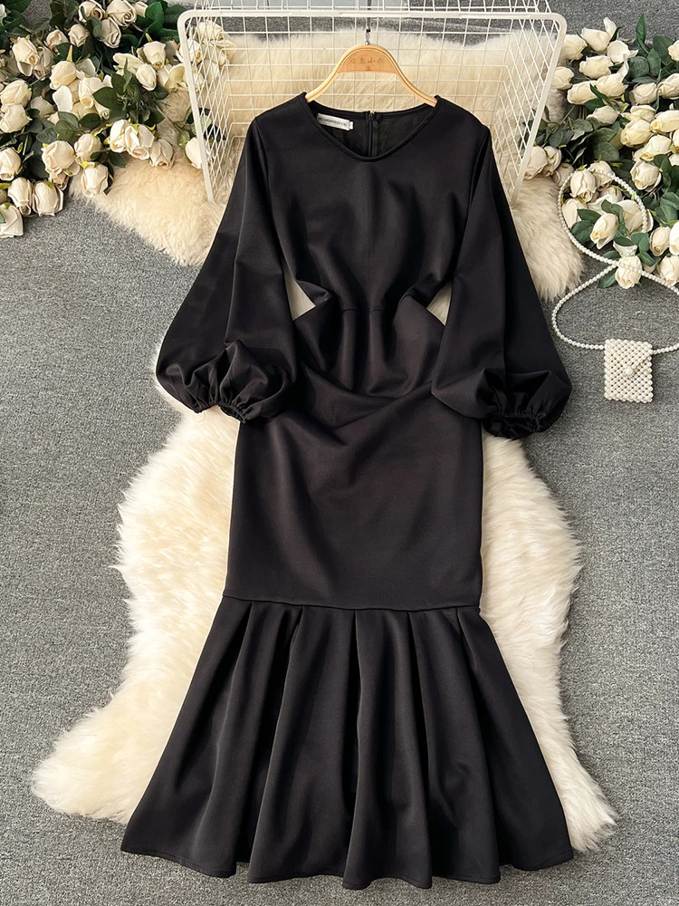 XFPV Women V-neck Solid Color Dress Puff Long Sleeve High Waist Casual Fashion Elegant Vestidos Autumn Winter 2025 SM9462 250103
