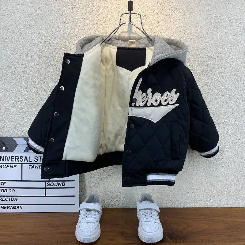 Boys Coat Jacket Outwear Tops Cotton Sweet Thicken Plus Velvet Winter Autumn School Gift Overcoat Childrens Clothes 241226