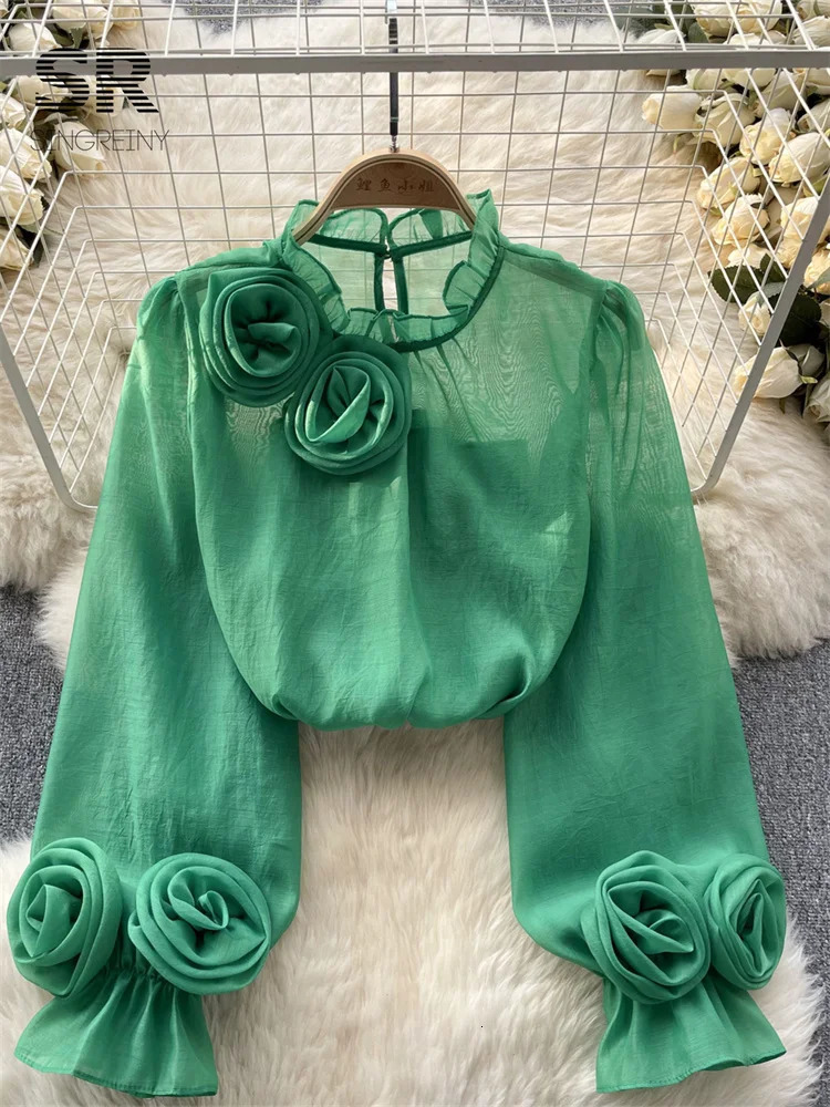 SINGREINY Ruffles Flower Loose Women Shirt Elegant O Neck Long Sleeve Transparent Thin Ladies Mesh Casual Fashion Chic Blouse 241230