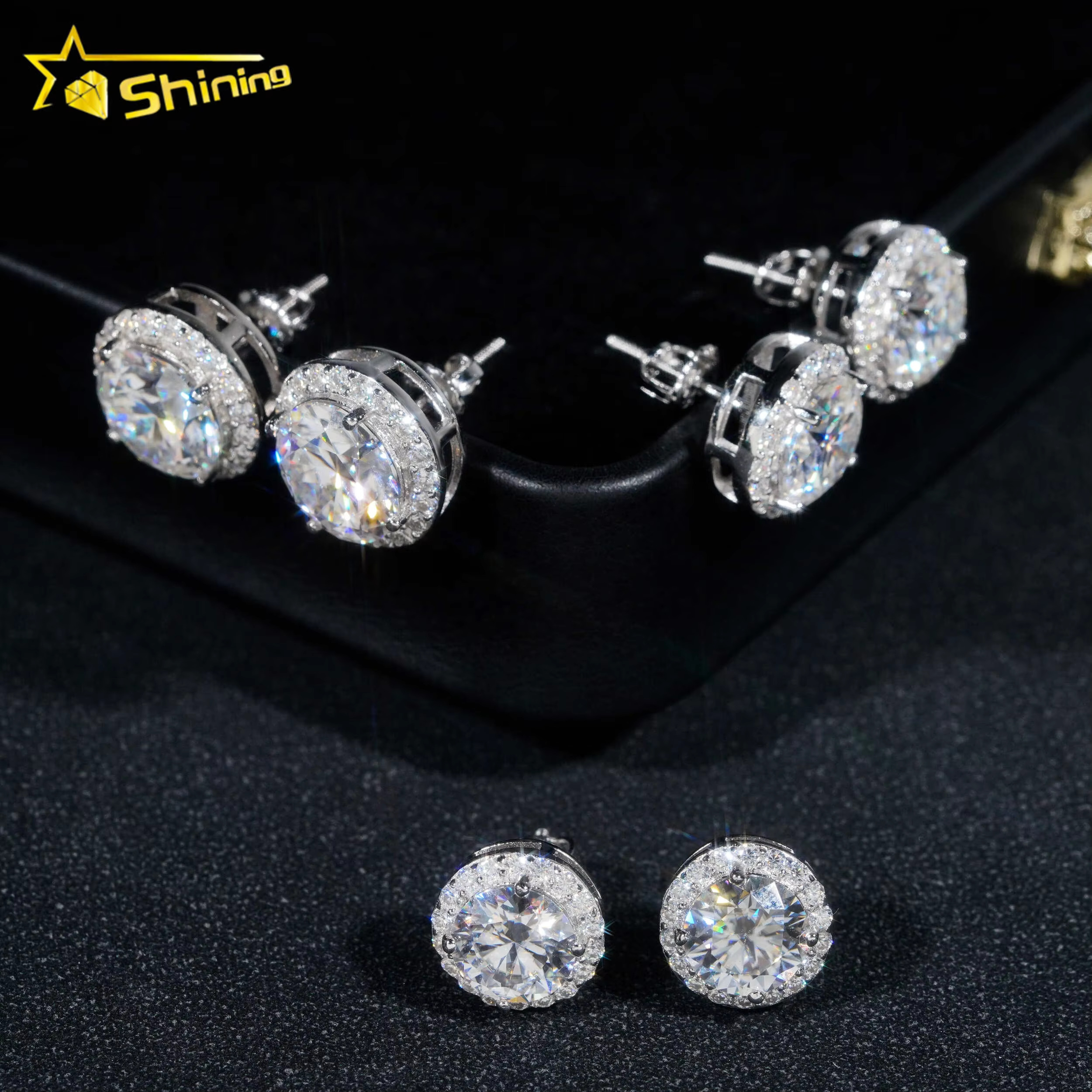 Hot Selg Hip Hop Style 6.5MM 8MM 9MM Sier Halo Design Moissanite Dia Stud Earrings