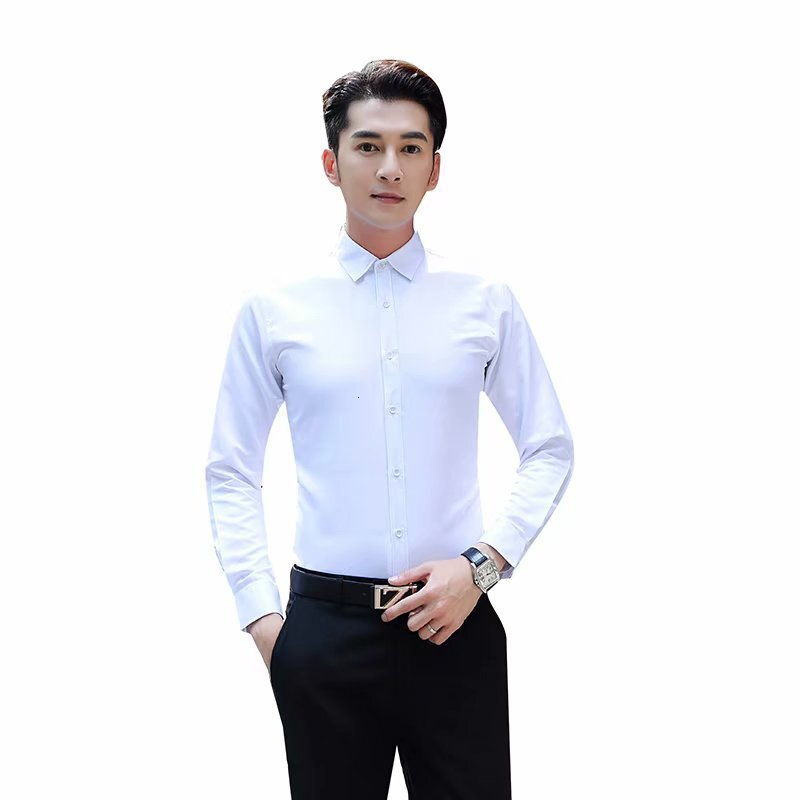 White shirt mens long sleeve slim fit no iron solid color professional business dress work white mens suit shirt