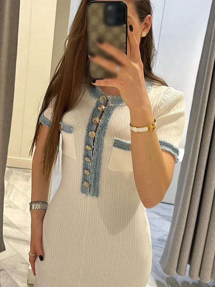 Elegant V Neck Denim Patchwork Knitted Long Dress Women Fashion Short Sleeved Buttons Bodycon Dresses Office Lady Pockets Robes 250102