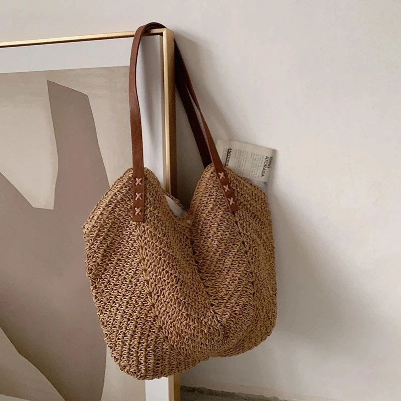 Summer Straw Woven Shoulder Bag Rattan Beach Large Capacity Tote Bags Handmade Vacation Travel Handle Bag Shopping Handbag Bolsa 250102