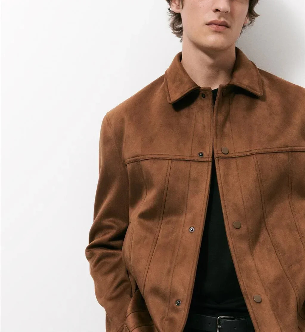 Mens Jacket Suede Lapel Single Breasted Long Sleve Outerwear Coats Spring Autumn Fashion Streetwear Menswear Cardigan 250103