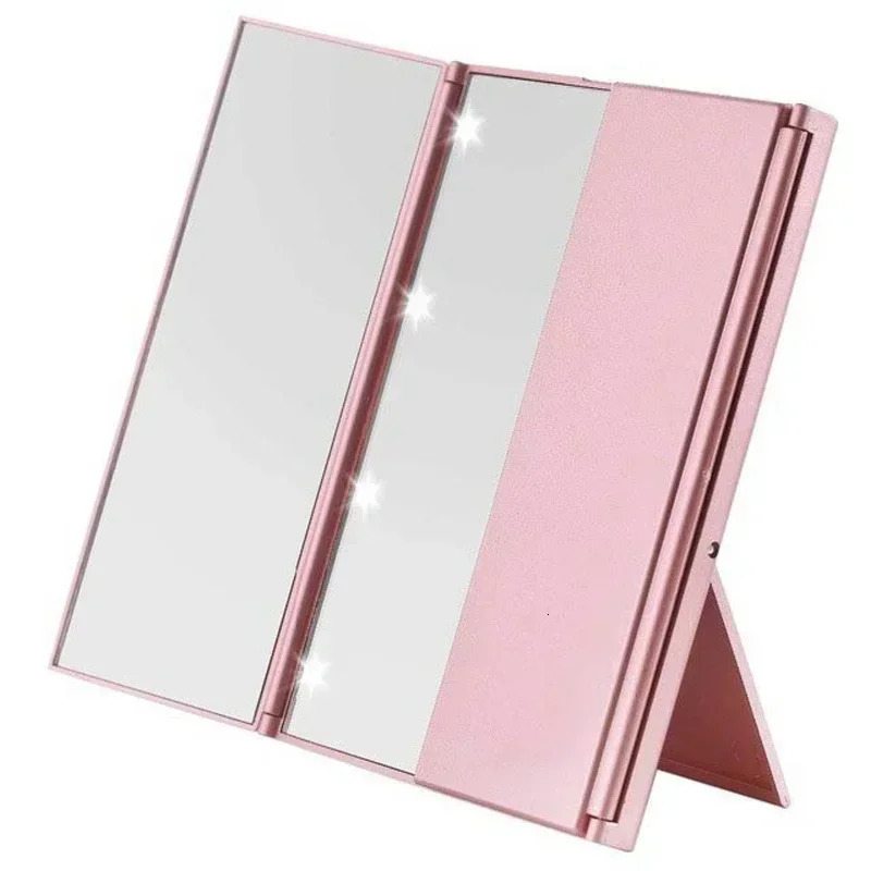 Portable LED Three Sided Makeup Mirror with Folding n Travel Handheld Compact Vanity Cosmetic Mirror with Adjustable Stand 250103