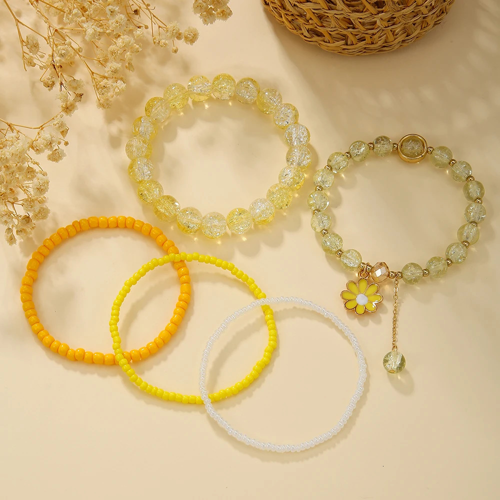 5Pc/s Simple and Sweet Girly Feeling Boudoir Hand Decorated Rice Beads Crystal Small Daisy Fringe Elastic Bracelet Jewelry Set 250102