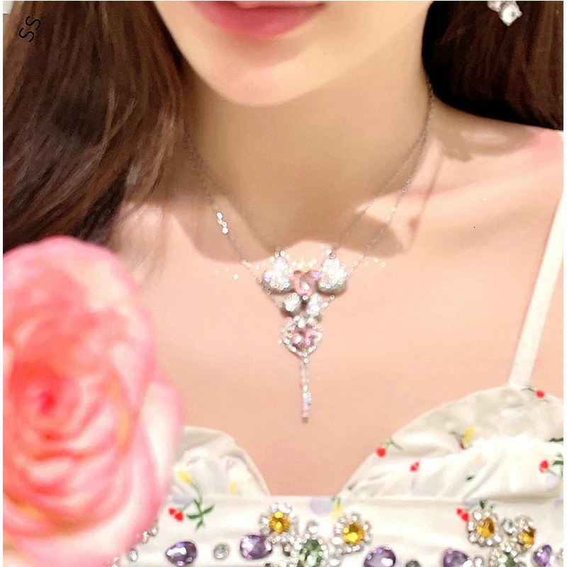 Romantic Shiny Pink Gems Zircon Jewelry Accessories Sweet Girl Necessary Sets Daily Wear Necklace Earring Open Ring for Date 250102
