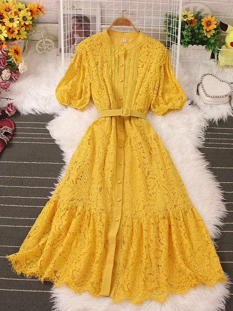 XFPV Sweet Style Y2K Long Dresse For Women Hook Flower Hollow Single-breasted High Waist Dresses Spring Summer 2025 SM5538 250103