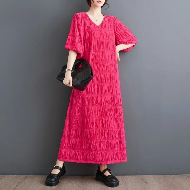 Wxw0207 summer pleated long skirt with puff sleeves loose ankle length office straight dress womens Vestdos V-neck retro womens dress 250103