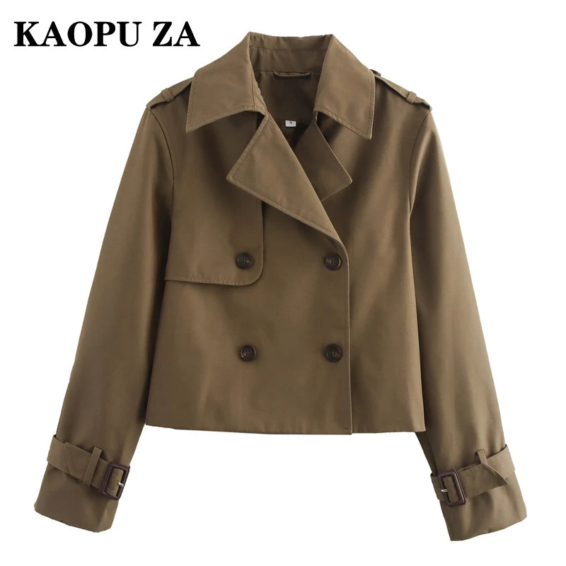 KAOPU ZA 2024 Autumn Ladies Vintage Double Breasted Cropped Trench Coat Womens Solid Short Jacket Lapel Collar Windbreaker 250102