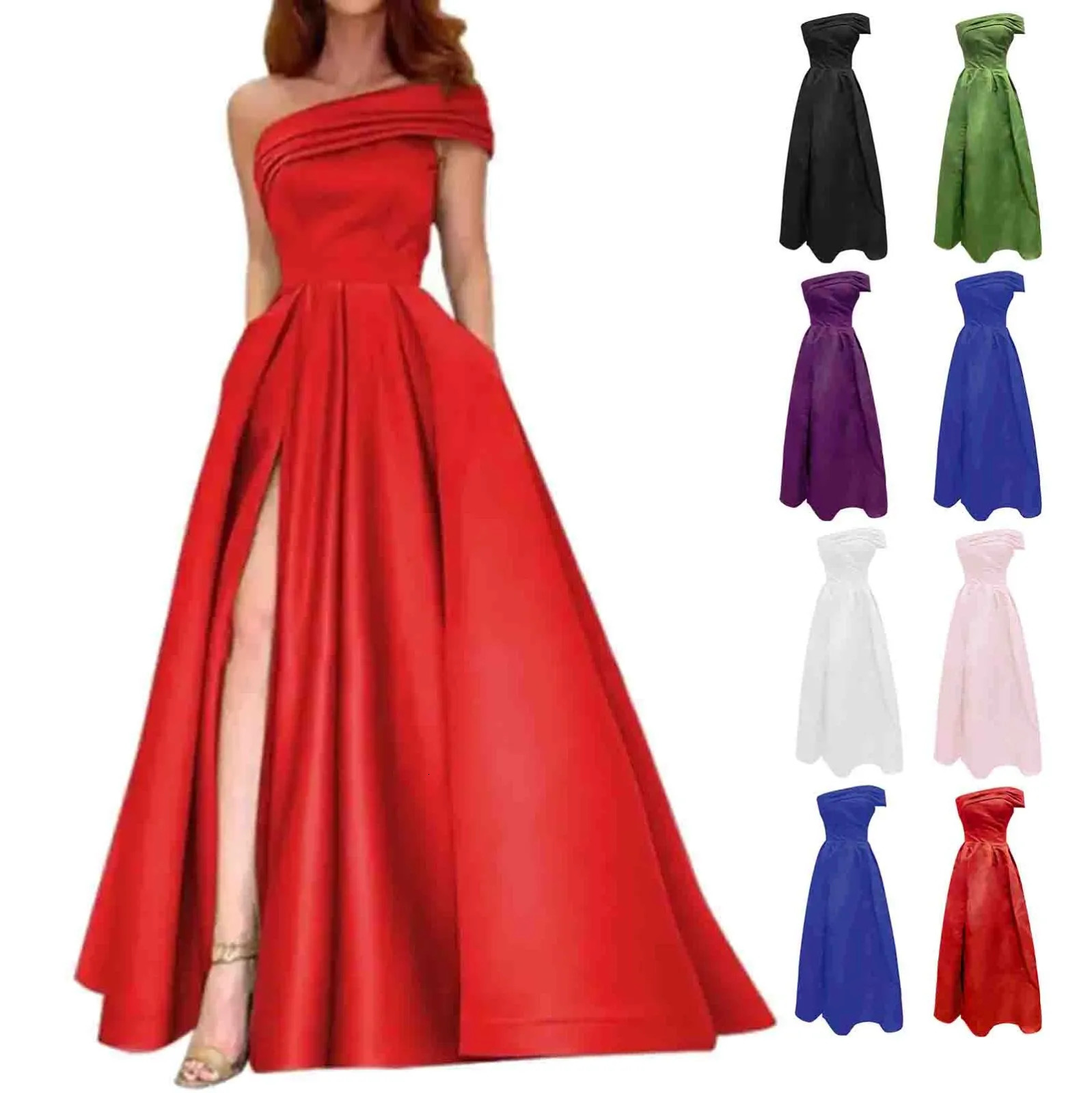 One Shoulder Satin Formal Dress Temperament Solid Tuck Waist Maxi Evening Lady Elegant High Slit vestidos para mujer 250103