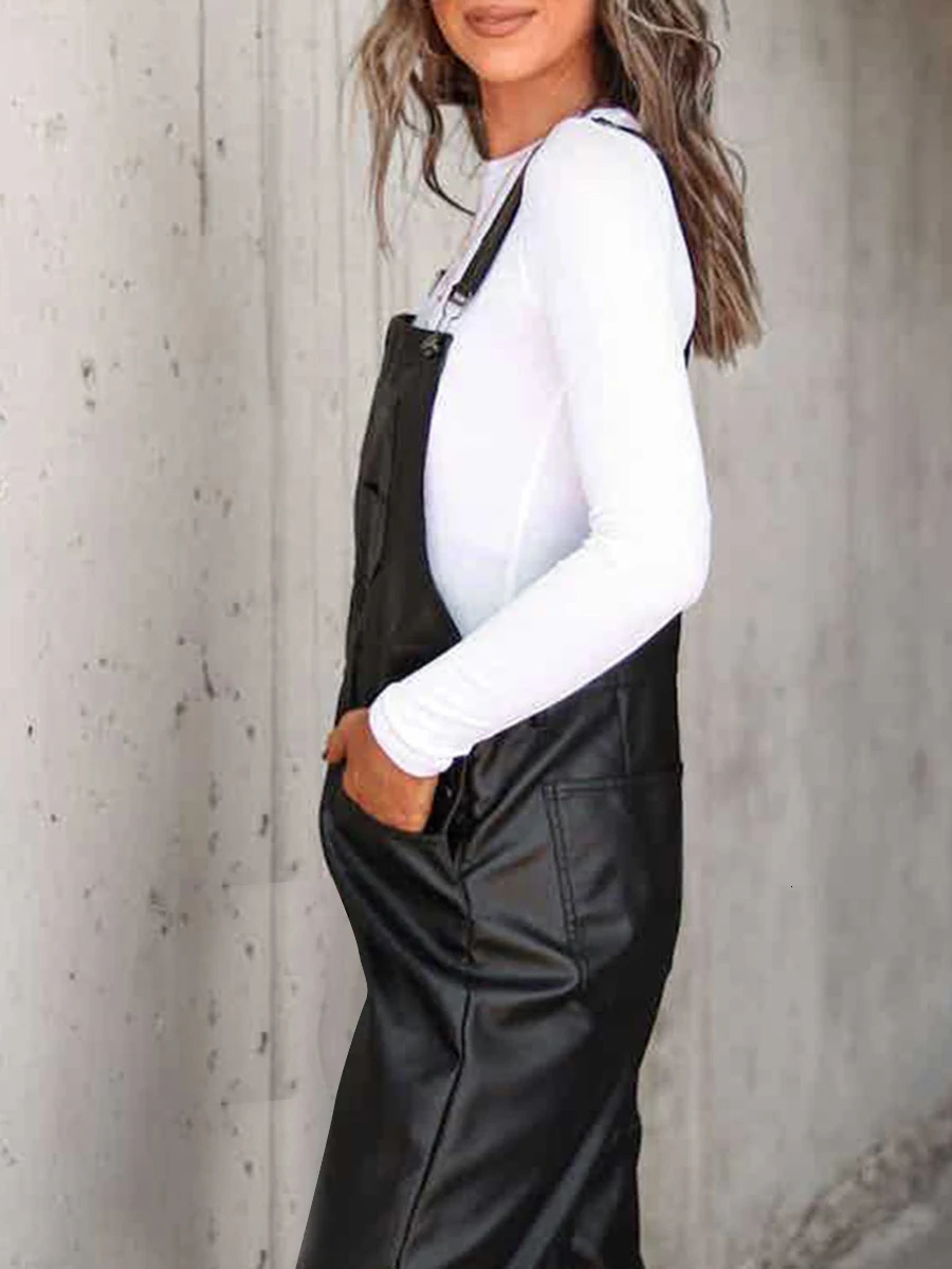 Women Leather Bib Overalls Solid Color Loose Casual Sleeveless Cargo Straight Leg Jumpsuit Romper With Pockets Fashion S-XL 241230