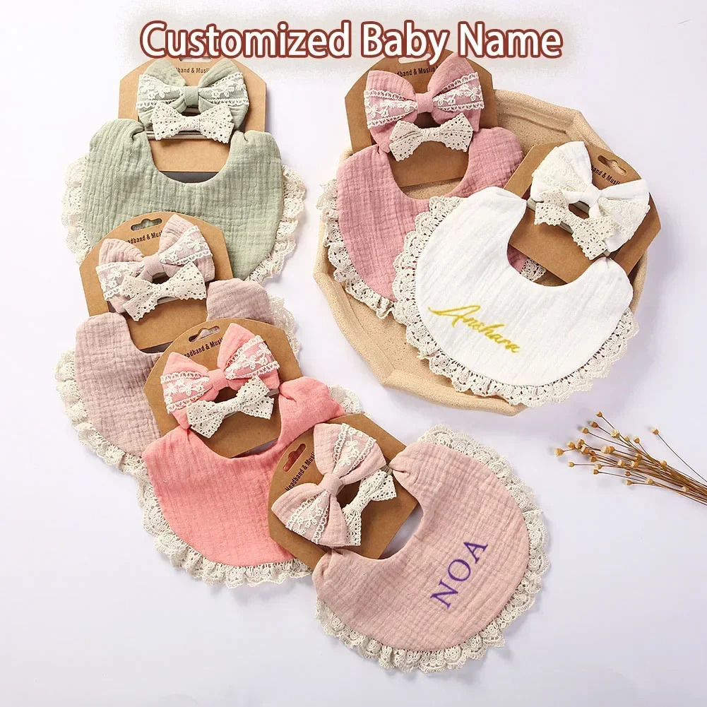 3Pcs/Set Custom Baby Bib Cotton Baby Bibs Lace Headband Hair Bands Muslin Burp Cloth Girl Accessories born Boy Cloths Gift 250103