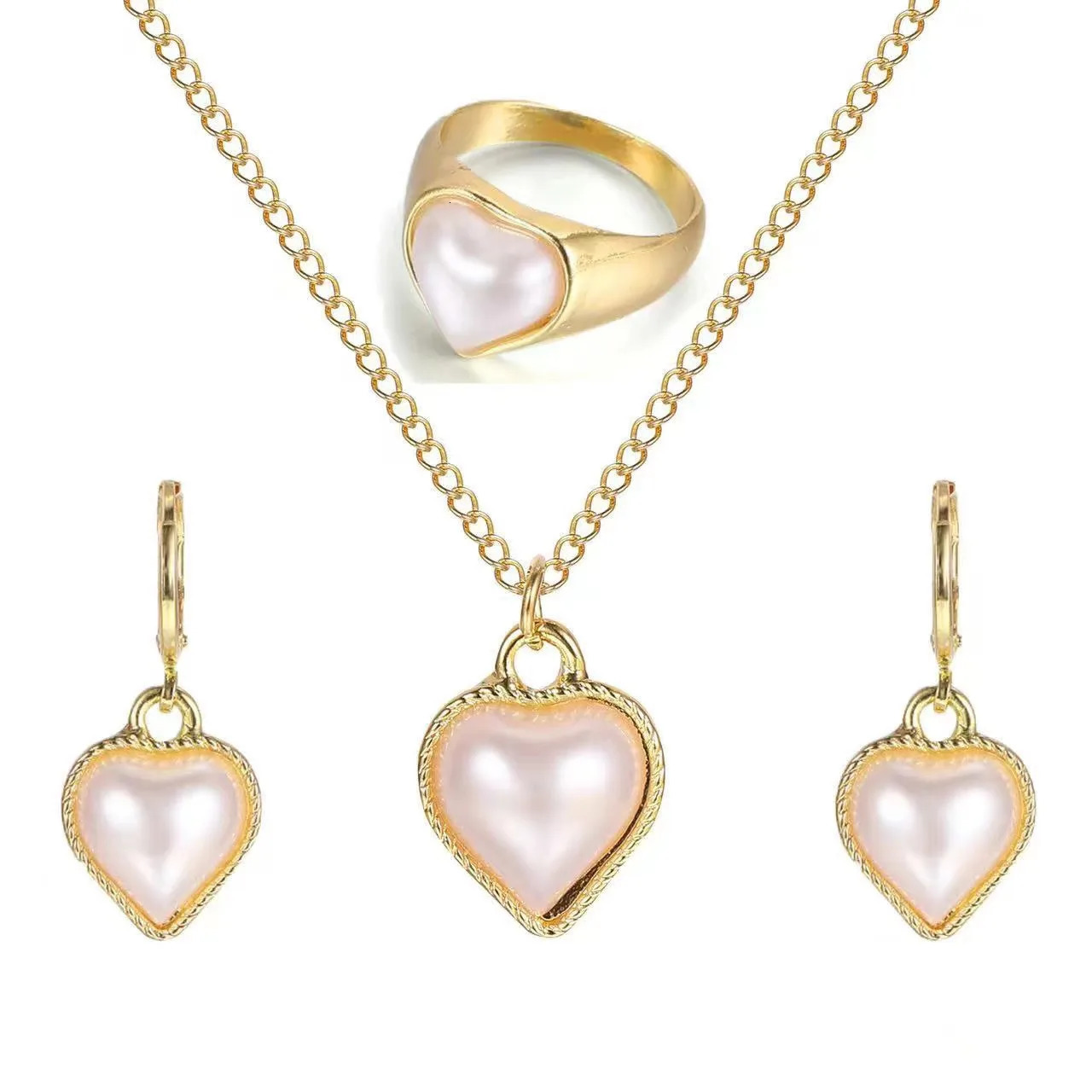 Pearl Peach Heart Necklace Jewelry Creative French Love Necklace Set Gold Color Alloy Metal Heart Pendant Earrings Necklace Ring 250102