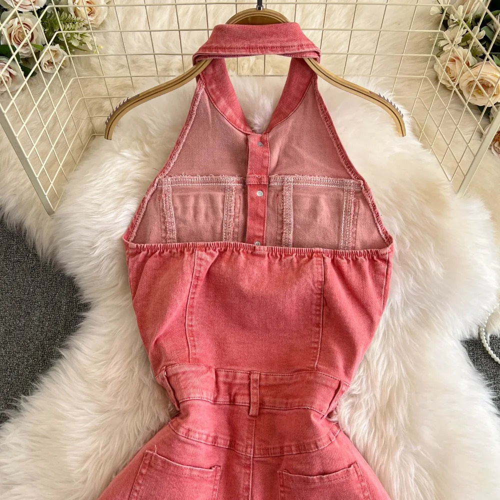 Neploe Vintage Turn-down Collar Sleeveless Bodysuit Korea High Waist Elegant Jumpsuit Safari Style Denim Straight Ropa Mujer 250103