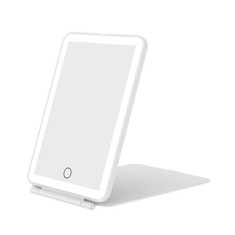 LED Foldable Travel Makeup Mirror 3 Colors Light Modes USB Rechargeable Touch Screen Portable Tabletop Cosmetic Mirror White 250103