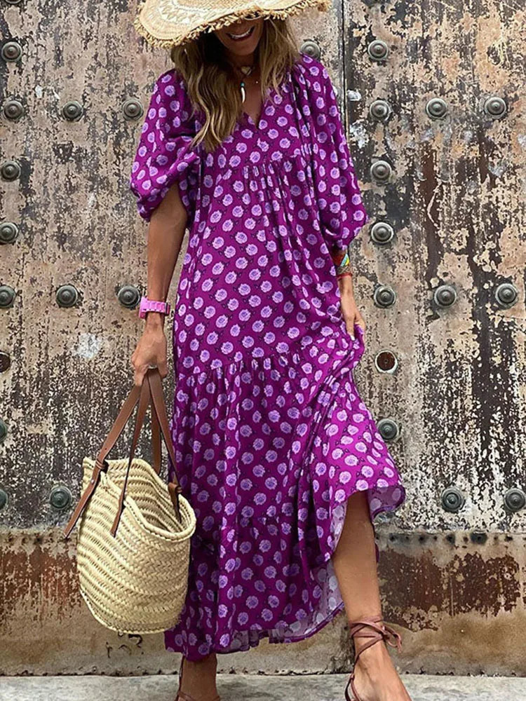 Fashionable womens printed summer loose bohemian dress casual elegant short sleeved beach party dress womens long robe style 250103