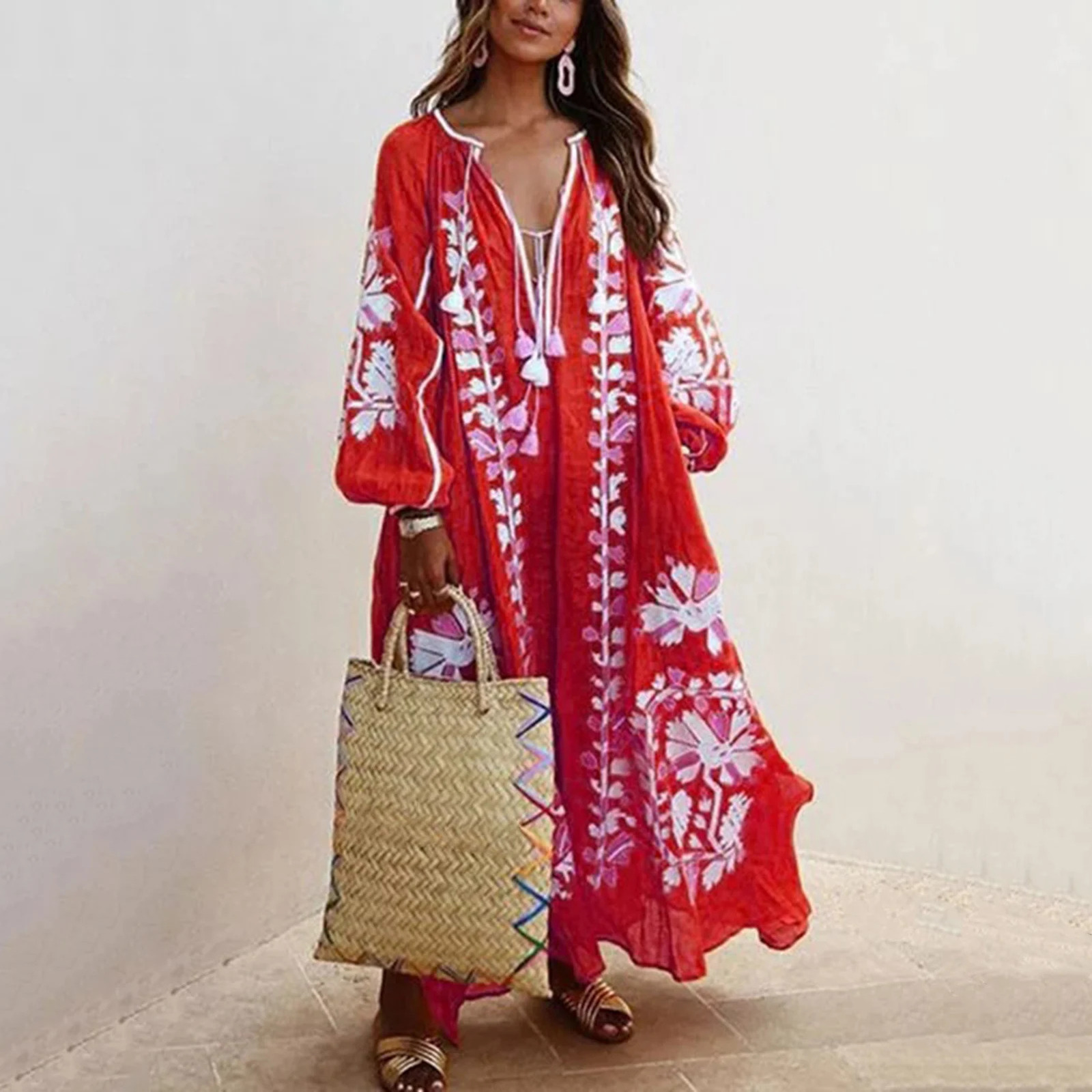 Vestido Spring/Summer Womens Bohemian Dress Fashionable Elegant and Sexy V-neck Retro Digital Printed Tassel Puff Sleeve Medium length Dress 250103