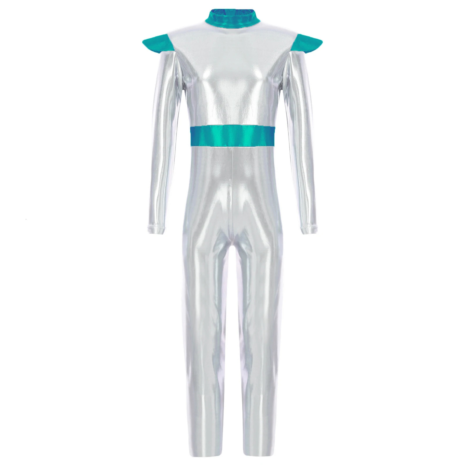 Kids Girls Halloween Alien Robot Cosplay Costume Space Astronaut Themed Fancy Party Dress Up Long Sleeve Shiny Metallic Jumpsuit 241230z