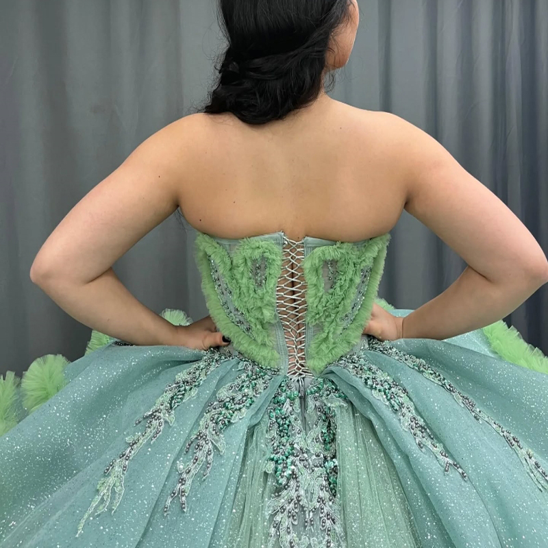 Sage Green Quinceanera Dresses Ball Gown Off The Shoulder Applique Lace Beading Tull Party Birthday Sweet 16 Vestido De 15 Anos