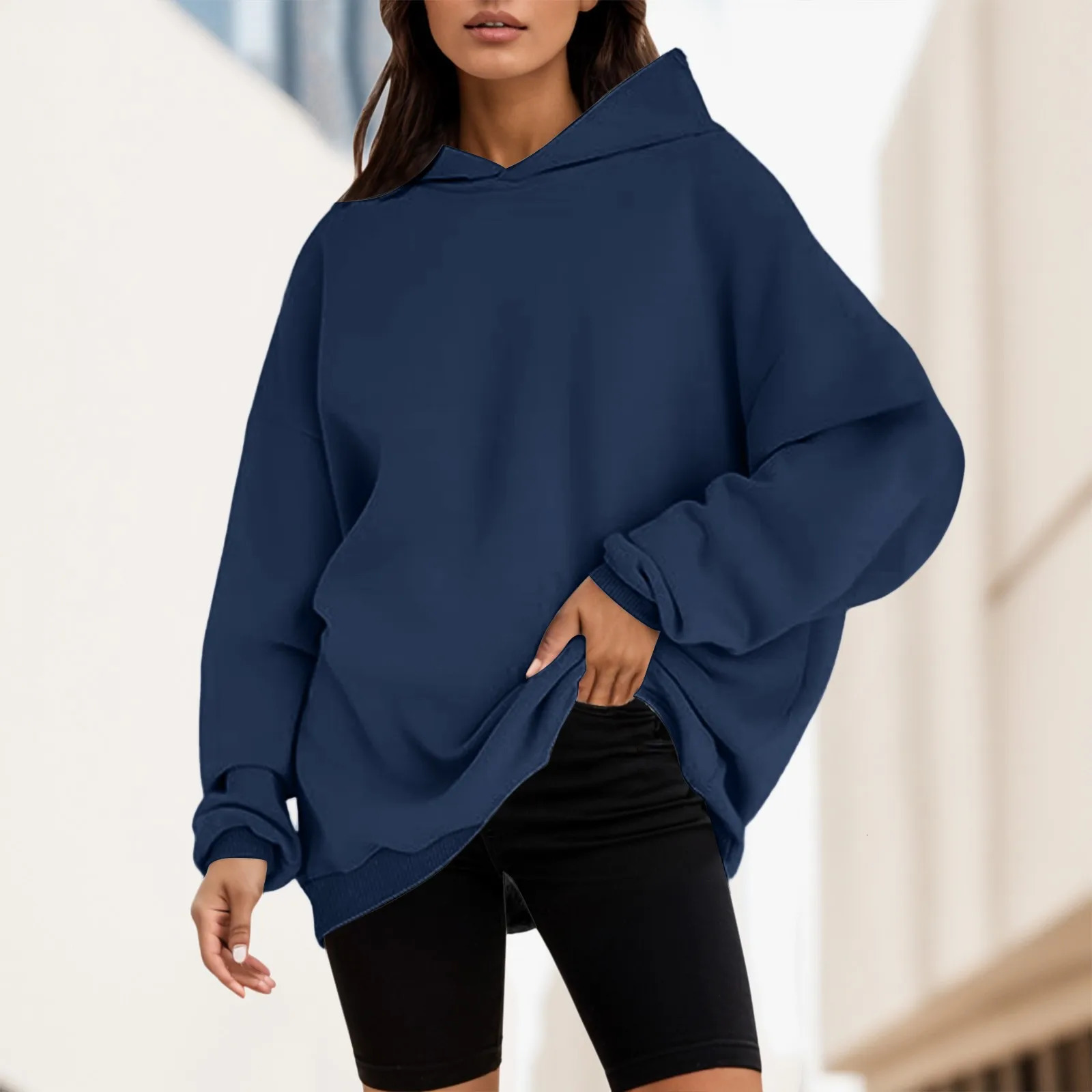 Womens Hoodies Oversized Pullover Long Sleeve Fleece Hooded Sweatshirt Solid Color Autumn Winter Casual Sweatshirts 250103