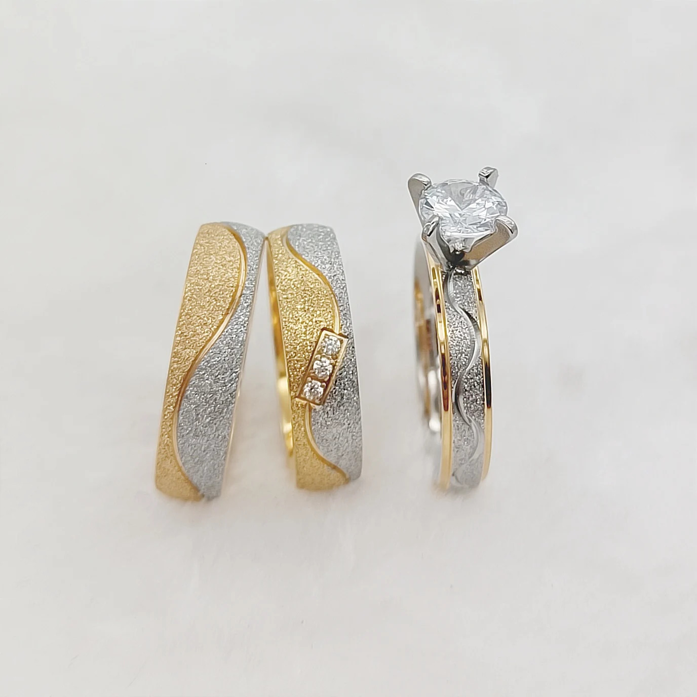 Bicolor Frosted Western 3pcs Alliances Wedding Engagement Bridal Rings Sets For Men And Women Couples Stainless Steel Jewelry 250103
