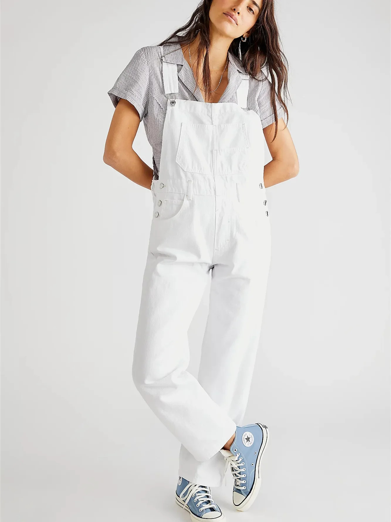 Fashion Denim Overalls for Women Loose Fit Classic Bib Casual Jean Stretchy Denim Overall Jumpsuit Tapered Leg Jean Pants 241230